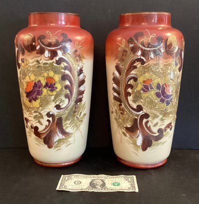 Pair Of 19th Century Hand Painted Opaline Glass Vases