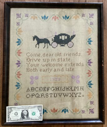 Antique 1928 Cross Stitch Framed  And Under Glass