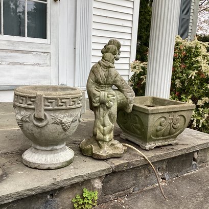 3 Vintage Cement  Items For Your GardenTwo Cement Planters And One Fountain