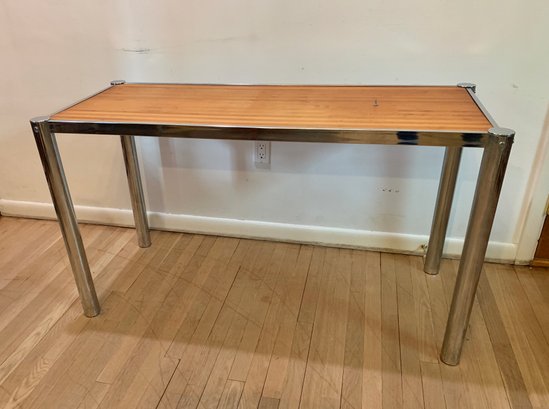 Mid Century Modern Chrome & Wood Top Console Table