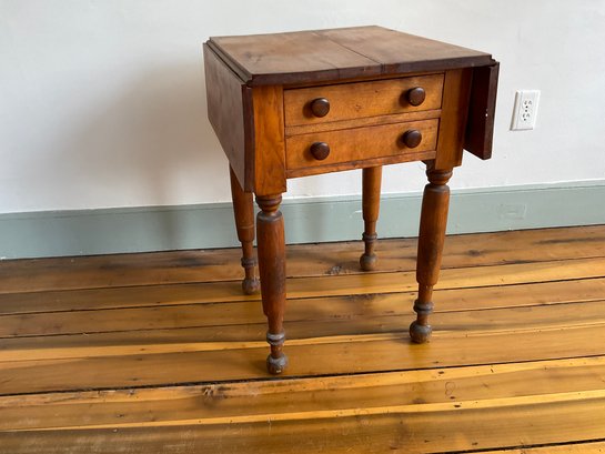Antique, Maple, Two Drawer, Work Table With Drop Leaves
