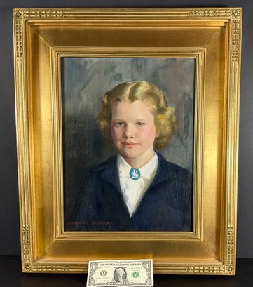 1947 Oil On Canvas Portrait Of A Young Girl By Marguerite S. Pearson