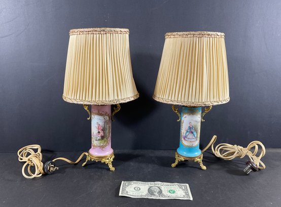 Pair Antique French Hand Painted  Porcelain Boudoir Table Lamps