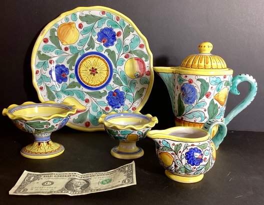 5 Piece Set Of Handpainted Italian Pottery