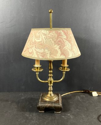 Vintage Double Arm Brass Table Lamp With Hand Marbled Paper Shade