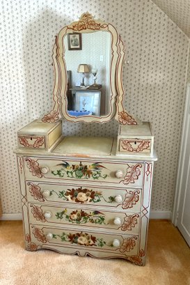 Antique Decorated 4 Drawer Chest With Mirror