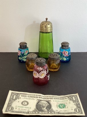 6 Antique Colorful Glass  Salt And Sugar Shakers With Metal Tops