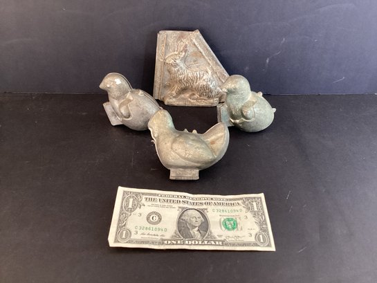 4 Antique German/ French Chocolate Molds With Chicks, A Hen, &  A Bunny