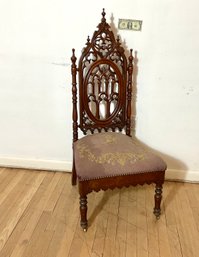 Antique American Gothic Walnut Carved Side Chair With Needlepoint Seat
