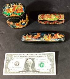 Three Eastern European Black Lacquer Boxes With Hand Painted Scenes