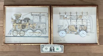2 Vintage Horological Collage Shadowbox Art By The Artist L. Kersh, Hand Made In England