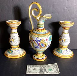 3 Italian Ceramic  Items By F. C. Deruta 2 Candlesticks And Pitcher
