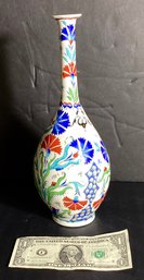 Signed Hand Painted And Glazed Tall Necked Vase Made In Turkey