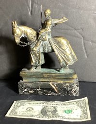 A Substantial Bronze Knight  With His Horse On A Marble Base