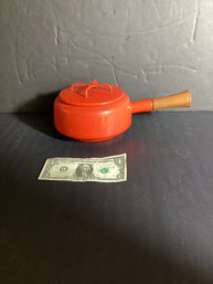 Flame Red Enameled Dansk Pot With Lid And Wooden Handle