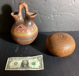 An Intricately Micro Carved Gourd, And A Double Spout Terracotta Pot