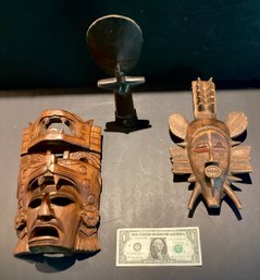2 Hand Carved Wooden Masks And 1 Wooden Totem For Your Collection