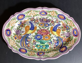 Signed Hand Painted Platter With Birds And Flowers