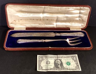 Antique Meat Fork And Knife In Original Velvet And Satin Box.