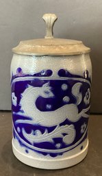 German Stoneware Lidded Stein With Cobalt Blue With A Leaping Horse Design