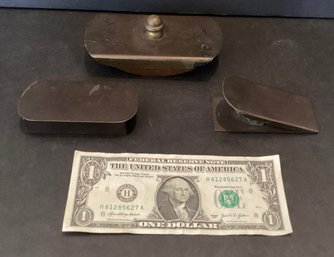 Antique Bradley & Hubbard Bronze Desk Set With Large Clip, Paper Clip Holder, And Rolling Rocker Ink Blotter