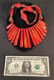 Scarlet Carved Bone Necklace With Brass Spacer Beads