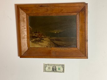 Antique Port Scene Painting On Board In A Pine Frame