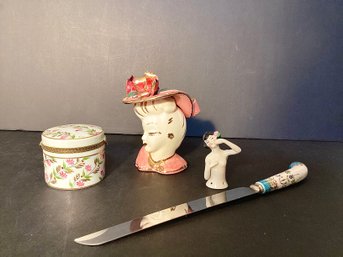 4 Vintage/antique Items:  1/2 German Doll, Lady Head Vase, Limoges Bijoux Box, Sheffield Knife