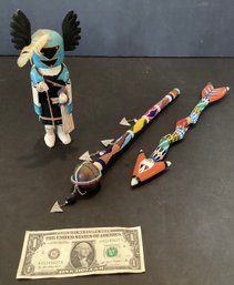 3 Handmade Items: Carved/signed Hopi Figure, Signed Arrow Sculpture To Hang, African Maasai Rungu