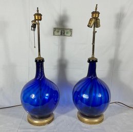 Pair Monumental Hand Blown Cobalt Blue Table Lamps