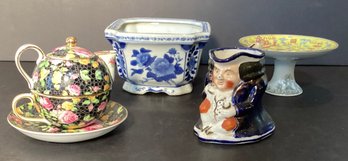 4 Vintage/antique Items: Toby Jug, Asian Pedestal Dish , Asian Planter & Royal Arden Teapot-cup-saucer