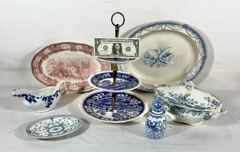 7 Pieces Of Antique Porcelain Tableware Platters Etc.