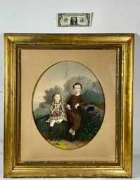 Antique Hand Colored Portrait Of Two Children In Original Gilded Frame