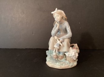 Lladro Retired Daydreaming Girl With The Doll And Basket Of Bread Porcelain Figure