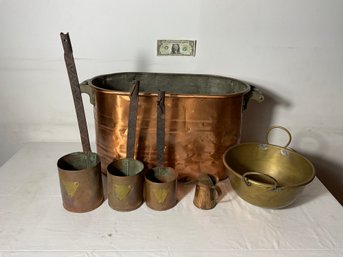 6 Pieces Of Antique Copper & Brass Measures And Lobster Boiler