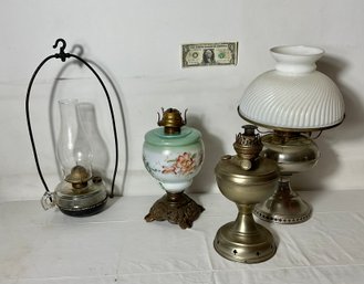 4 Antique Kerosene Table Lamps & Hanging Lamp Attic Find