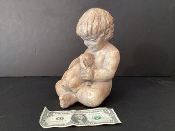 Cast Stone Sculpture Child With Rabbit Dated 1972