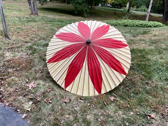 Vintage Japanese Hand Decorated Laquered Bamboo And Paper Umbrella