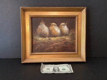 3 Happy Birds Oil On Canvas Painting In A Gilded Frame