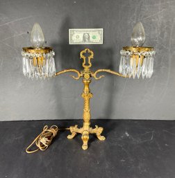 1930s Vintage 2 Arm Bronze Lamp With Original Cut Prisims