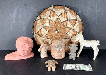 Lot Of Pre Colombian Pottery Gods, Basket, Pottery Horse & Sculpture