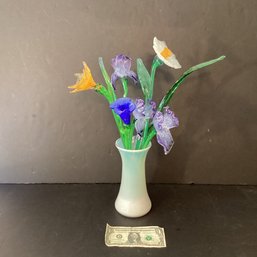 Glass Flowers And Glass Leaves In A Glass Vase