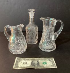 Group Of 2 Cut Glass And One Etched Glass Items