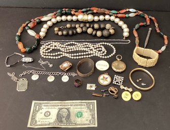 Super Nice Costume Jewelry, Stone Jewelry, Sterling Pen, Shell Cameo, And A Tiny Victor