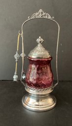 Victorian  Silver Plated Cranberry Glass Pickle Castor Jar/condiment Jar With Tongs