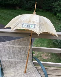 Antique Fine Weave Linen Embroidered Parasol With Tassel Late 1890s