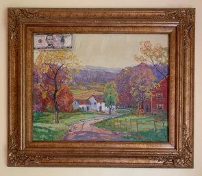 Vintage Impressionist Oil On Canvas Painting Wallingford Farm House On Country Road