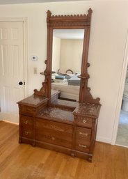 Antique Eastlake Victorian Solid Walnut Drop Center Dresser Marble Top Dresser