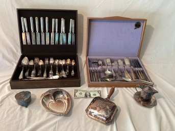 Vintage Silverplate Flatware In 2 Wood Flatware Boxes And Other Silver Plate Items