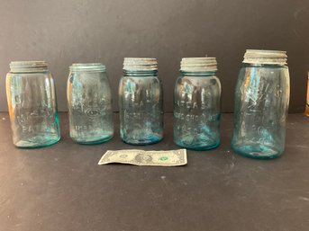 5 Antique Mason Blue  Fruit Storage Jars  Circa 1800s